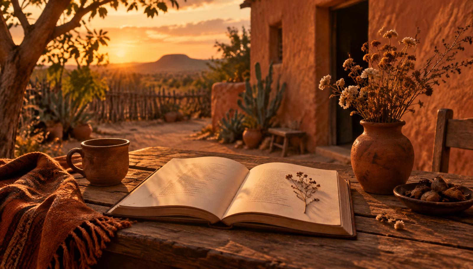 Livro de poemas aberto sobre mesa de madeira em um quintal do sertão ao pôr do sol